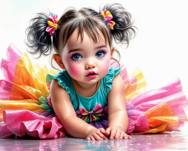 Joyful toddler in colorful tutu with expressive eyes