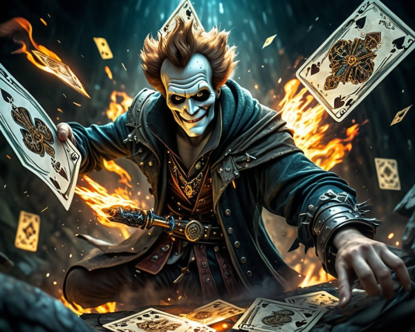Mysterious figure in dark robes with flaming cards