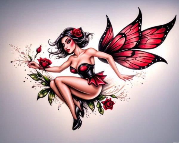 Whimsical fairy with red butterfly wings among roses