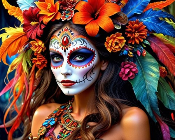 Woman in Colorful Flowers and Sugar Skull Face Paint