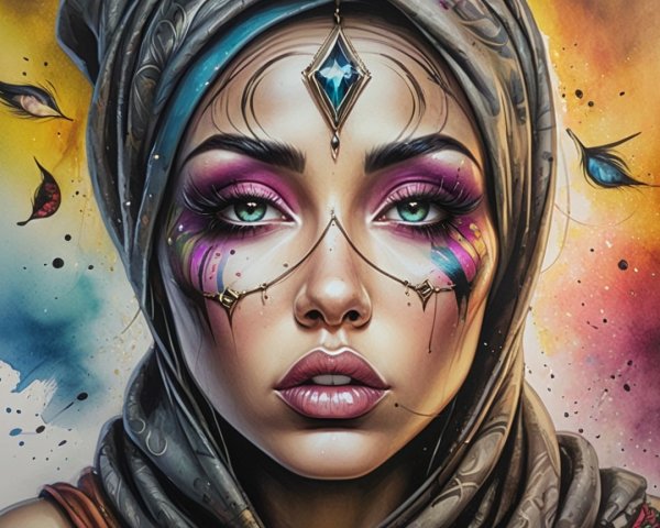 Portrait of a Woman with Green Eyes and Colorful Face Paint
