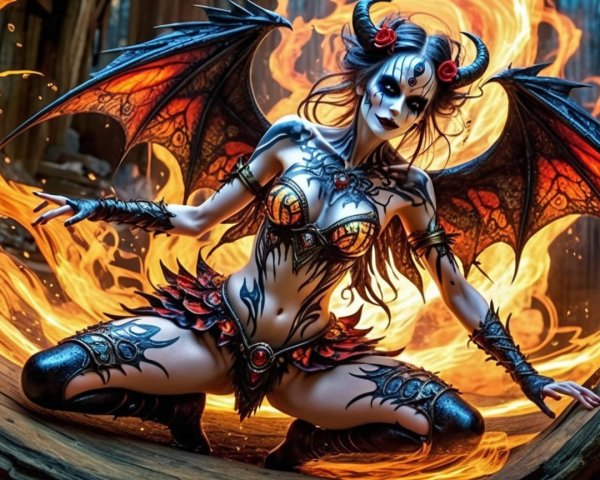 Fantasy Character in Flames with Tattoos and Wings