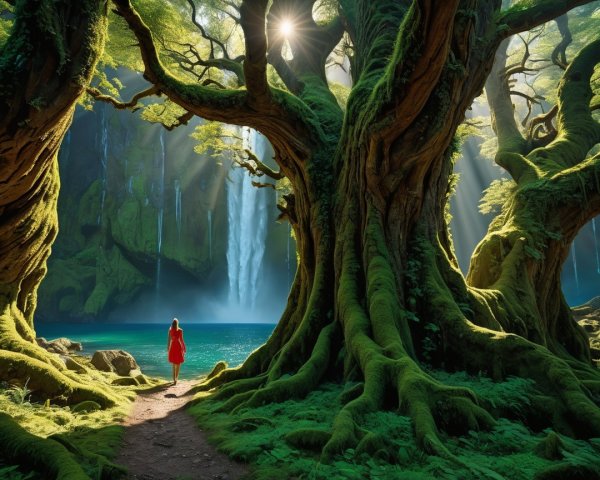 Lush Forest with Waterfalls and Sunlit Lake Scene