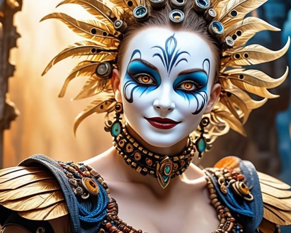 Elaborate Costume with Golden Feathers and Jewelry