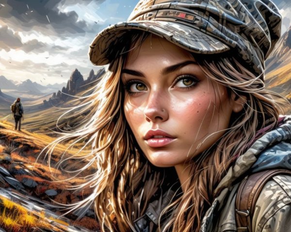 Young Woman in Camouflage in Natural Landscape