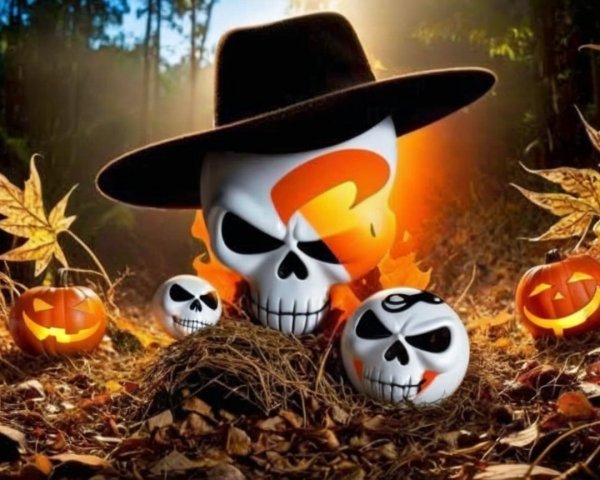 Festive Halloween Scene with Skulls and Pumpkins