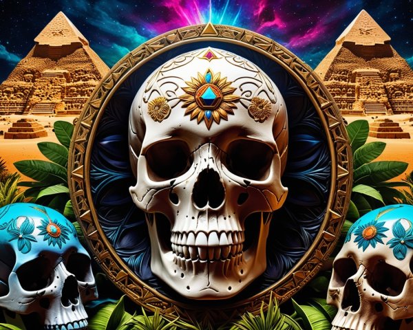 Surreal Skull Composition with Pyramids and Flowers