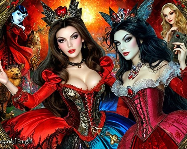 Elegantly Dressed Women in Red and Blue Gowns
