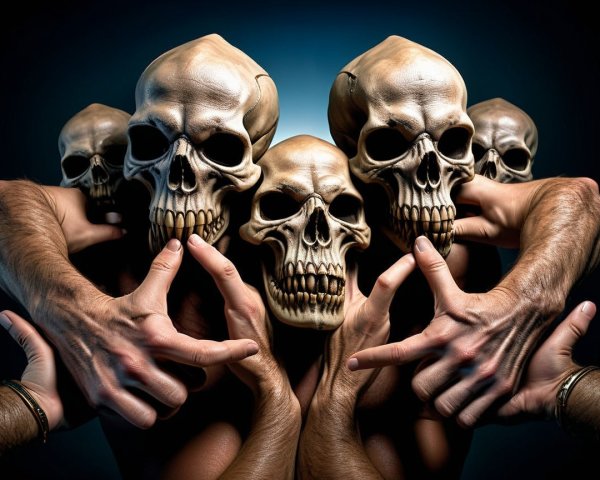 Composition of a figure with skull mask and hands