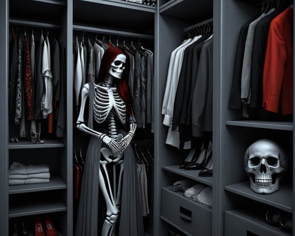 Skeleton Display Among Dark Wardrobe Attire