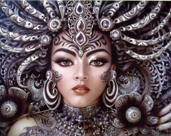 Portrait of a Woman with Silver Jewelry and Body Art