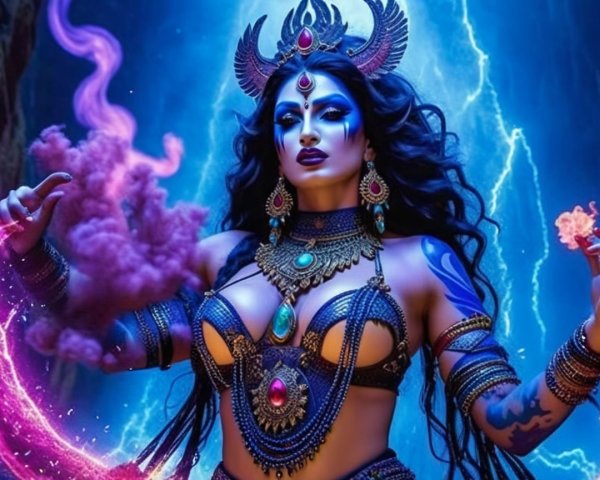 Divine Figure in Vibrant Attire and Bold Makeup
