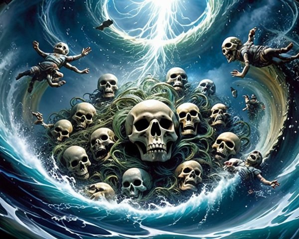 Skulls in Turbulent Waves with Stormy Atmosphere