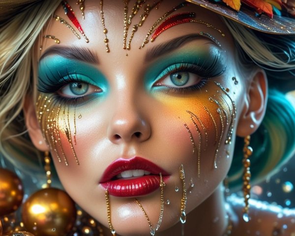 Close-Up of Woman with Vibrant Makeup and Hat