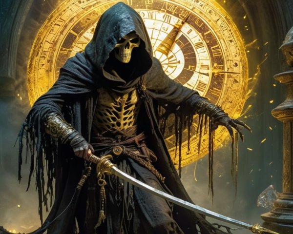 Sinister Cloaked Figure with Skeletal Face and Clock