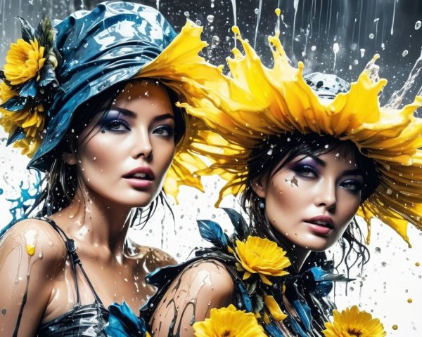 Stylized Women with Sunflower Hats and Water Background