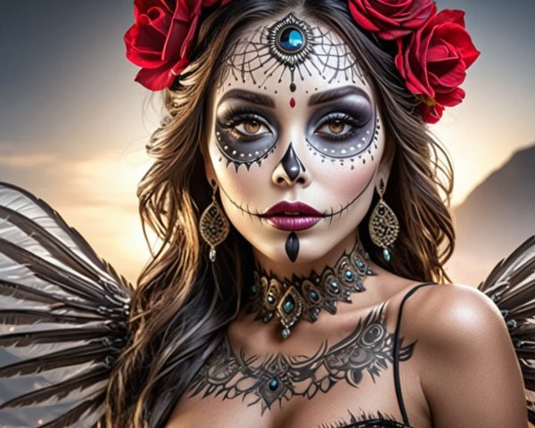 Stunning Woman in Day of the Dead Makeup with Wings
