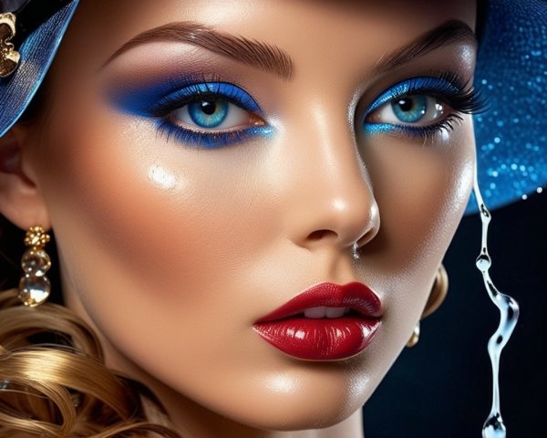 Close-up of a woman with blue eyes and bold makeup