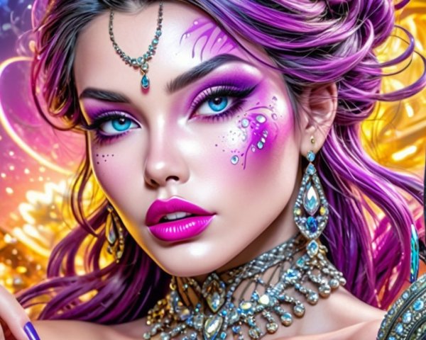 Portrait of a Woman with Purple Hair and Bold Makeup