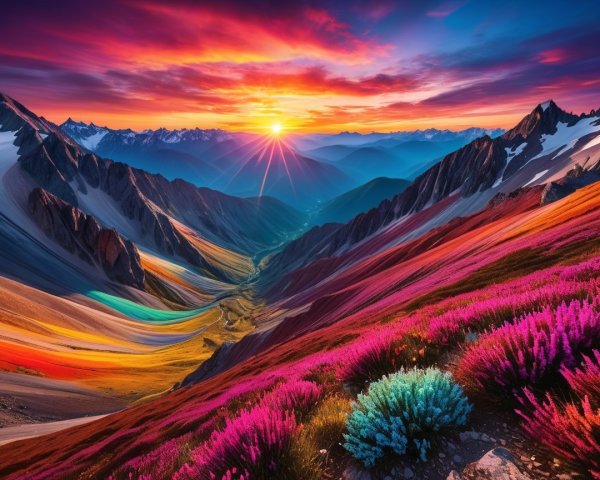 Mountain Landscape at Sunrise with Colorful Flowers