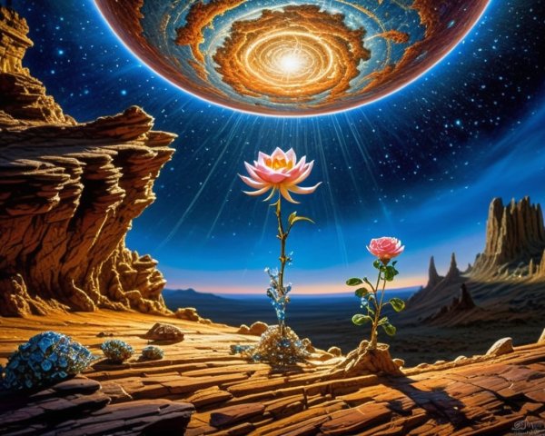 Surreal Landscape with Vibrant Flowers and Cosmic Sky