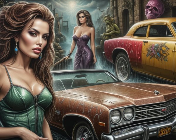 Glamorous Women in Stylish Outfits with Gothic Backdrop