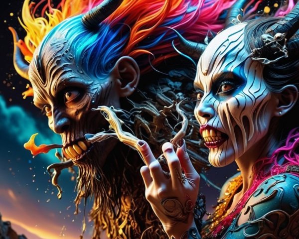 Figures with Intricate Face Paint and Elaborate Horns