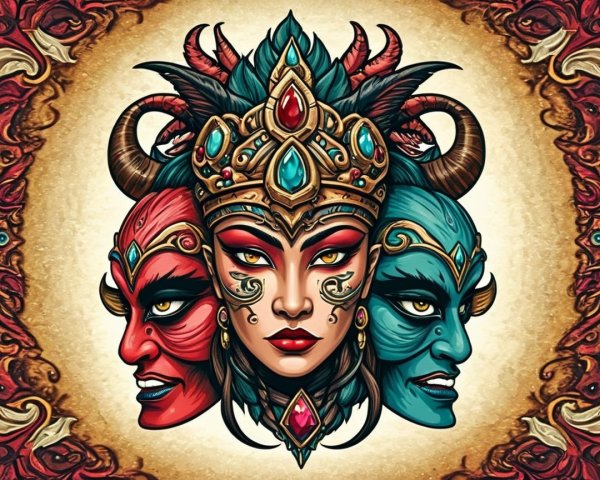 Artwork of a figure with three faces and ornate crown