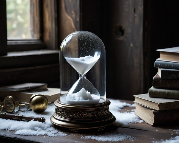 Vintage hourglass on wooden table with scattered sand