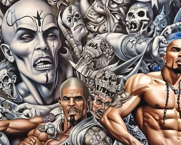 Mural Depicting Muscular Figures and Abstract Elements