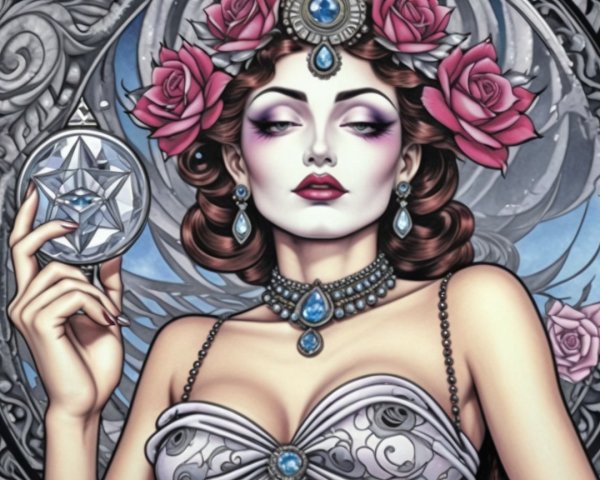 Elegant Woman with Roses and Shimmering Jewelry