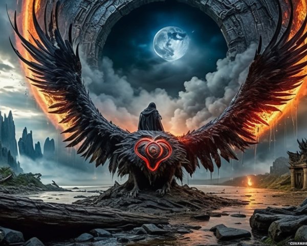 Cloaked Figure on Raven Statue in Mystical Landscape