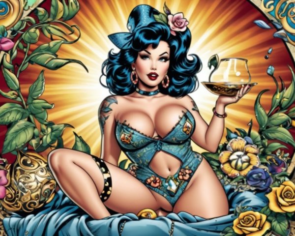 Stylized woman with blue hair in denim corset design