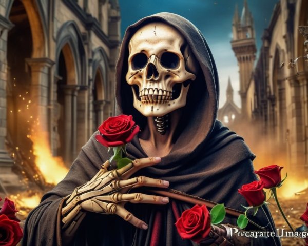 Skeletal Figure in Cloak with Roses in Gothic Cityscape