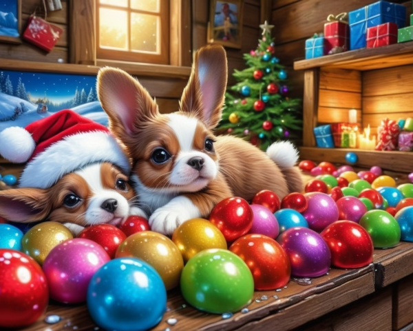 Chihuahua Puppies Surrounded by Colorful Christmas Ornaments