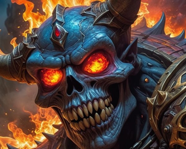 Menacing Skull with Horns and Glowing Red Eyes