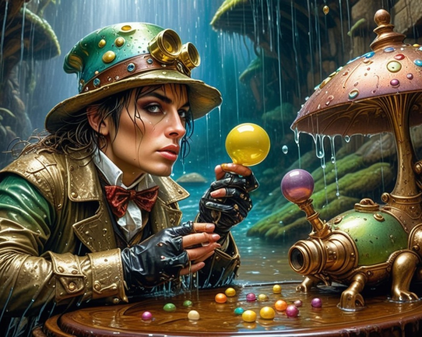 Steampunk Figure in a Colorful Forest Setting