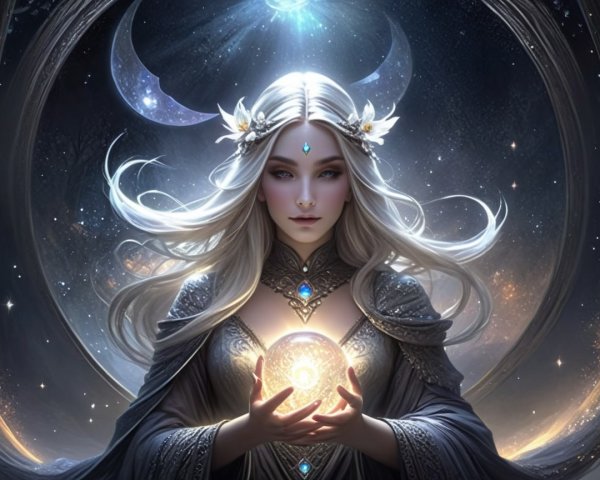 Mystical figure with silver hair and glowing orb
