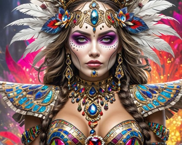 Vibrant Woman in Ornate Costume and Bold Makeup