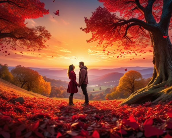 Couple in Autumn Landscape with Sunset and Trees