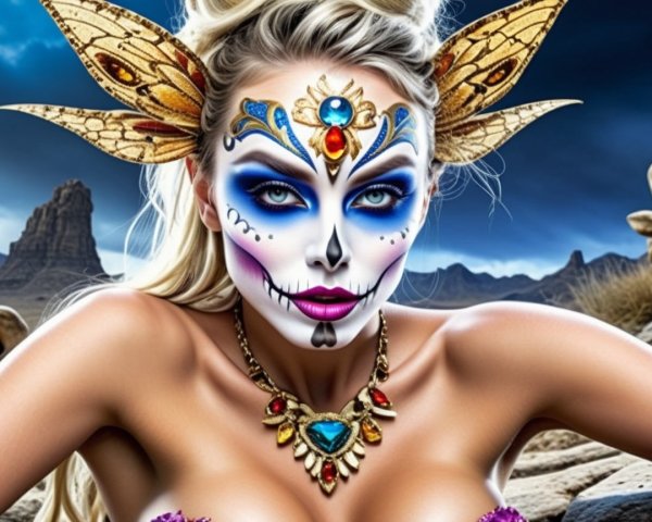 Elaborate Sugar Skull Makeup with Butterfly Wings