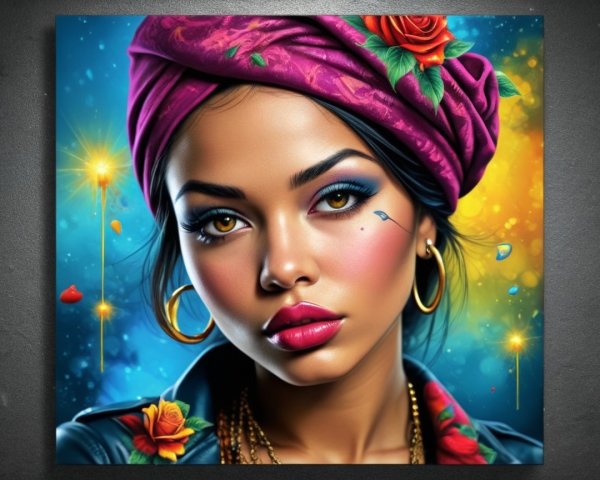 Portrait of a woman with vivid eyes and bold makeup