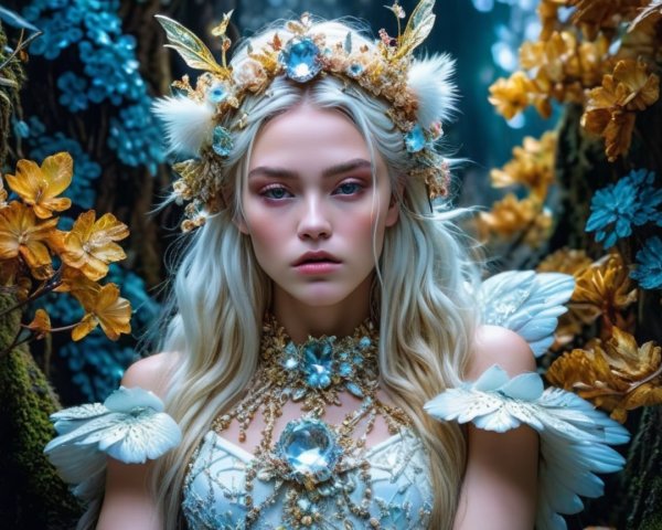 Mystical Figure in Enchanted Floral Forest Setting