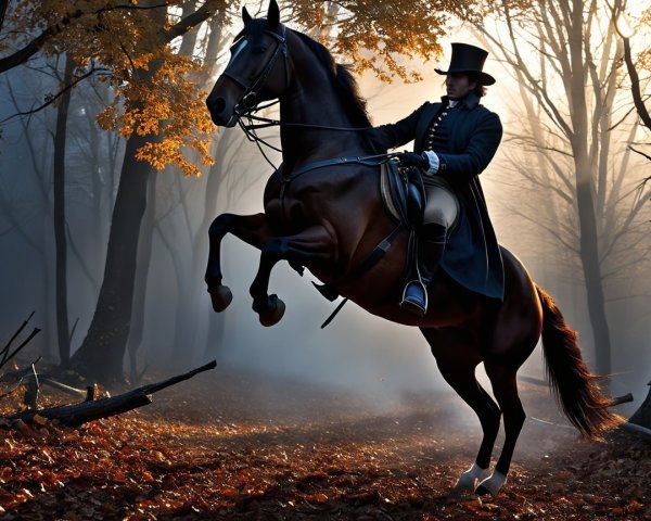 Foggy Forest Scene with Horse and Rider in Autumn