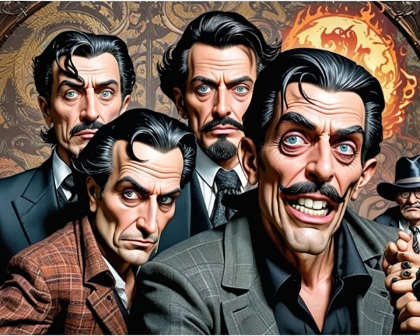 Stylized Characters in Vintage Suits with Dramatic Background