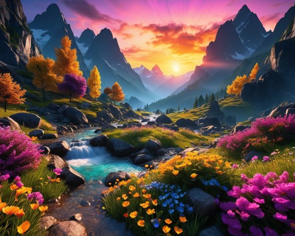 Vibrant Landscape with Flowers and Majestic Mountains