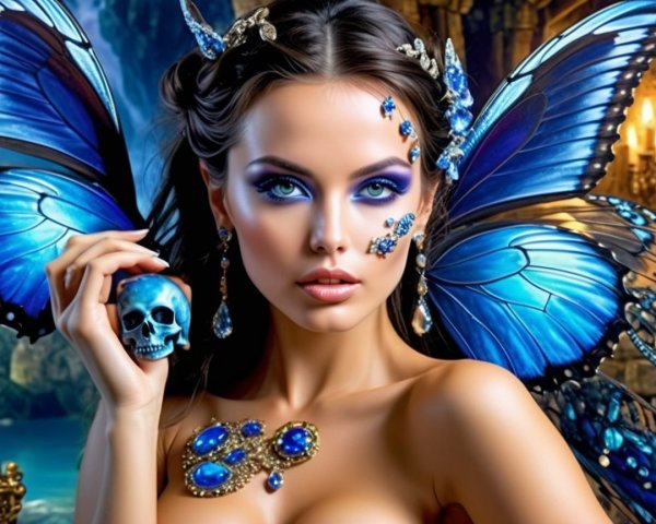 Dramatic Figure with Blue Makeup and Mystical Elements