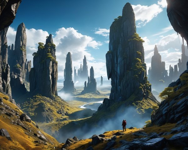 Towering Rock Formations and Serene River Landscape