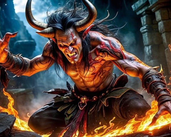 Muscular Demon Surrounded by Fiery Flames and Embers