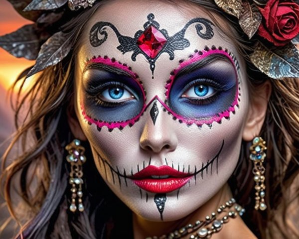 Woman with Sugar Skull Makeup and Twilight Background